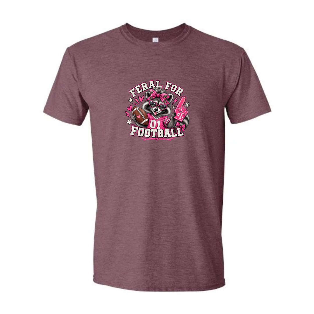Feral For Football — Pink Cheer design on maroon Softstyle tee