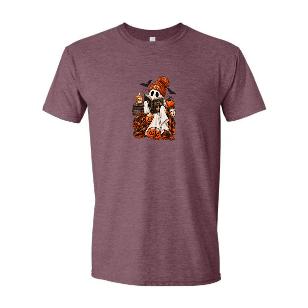 Spooky Stories design on maroon Softstyle tee