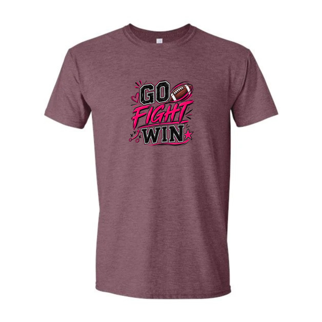 Go Fight Win design on maroon Softstyle tee