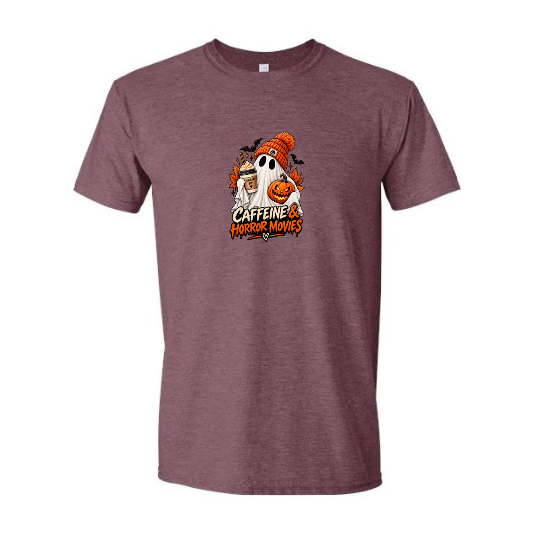 Caffeine & Horror Movies design on maroon Softstyle tee