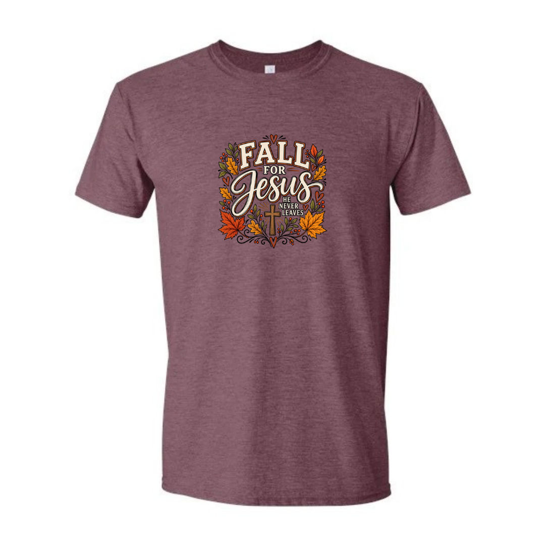 Fall For Jesus He Never Leaves — Autumn Leaves design on maroon Softstyle tee